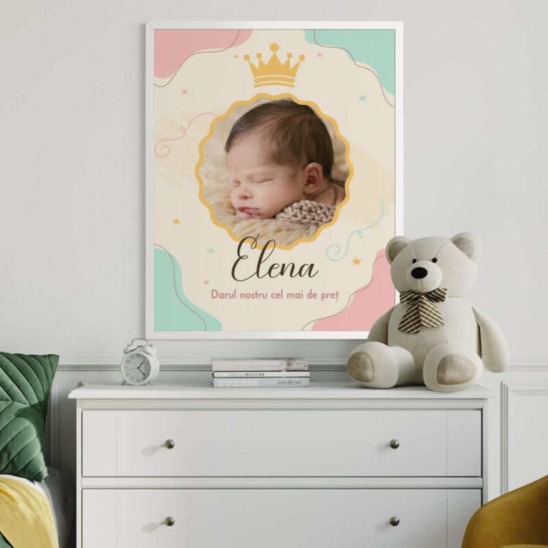 tablou personalizat cu poză, nume și mesaj — cu ramă pentru bebeluș