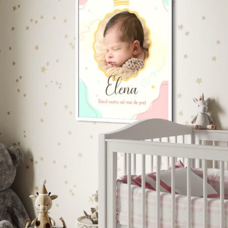tablou personalizat cu poză, nume și mesaj — cu ramă pentru bebeluș