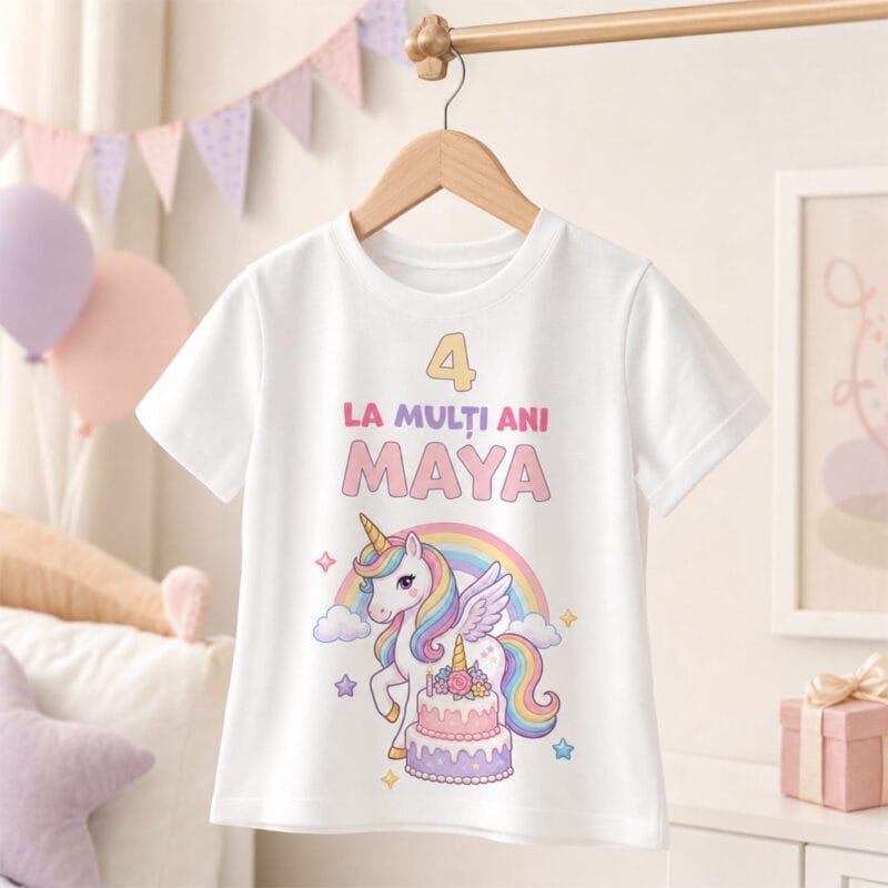 tricou aniversar personalizat cu nume și vârstă — unicorn