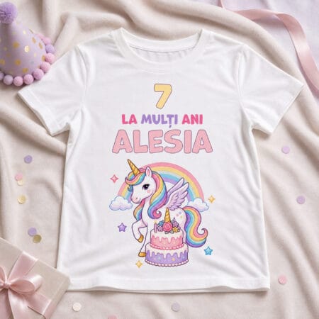 tricou aniversar personalizat cu nume și vârstă — unicorn