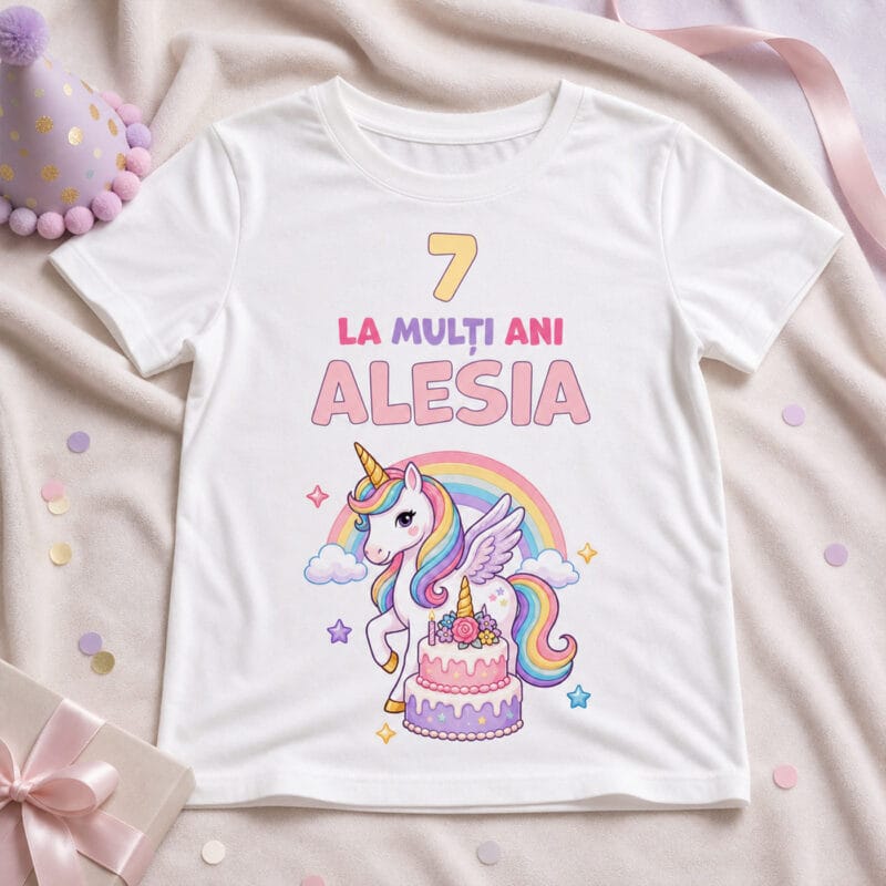 tricou aniversar personalizat cu nume și vârstă — unicorn