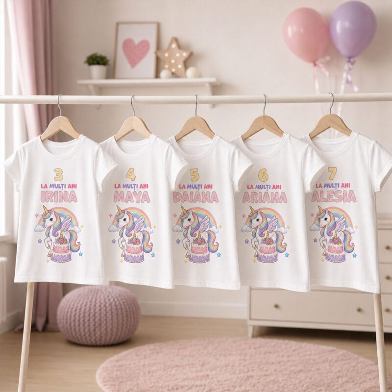 tricou aniversar personalizat cu nume și vârstă — unicorn