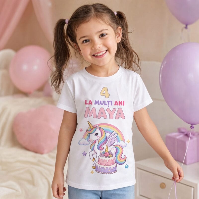 tricou aniversar personalizat cu nume și vârstă — unicorn