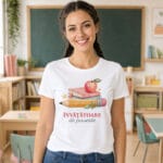 tricou personalizat cu mesaj pentru Învățătoare — cărți, creion și măr