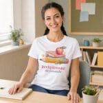 tricou personalizat cu mesaj pentru Învățătoare — cărți, creion și măr