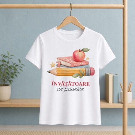 tricou personalizat cu mesaj pentru Învățătoare — cărți, creion și măr