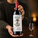 vin personalizat cu poză, nume și mesaj — design aniversar minimalist