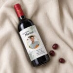 vin personalizat cu poză, nume și mesaj — design aniversar minimalist