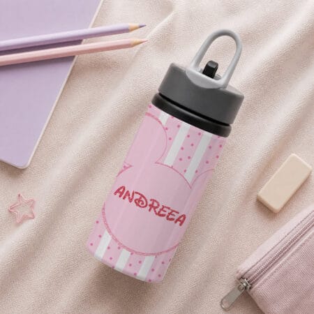 bidon de aluminiu personalizat cu nume — Șoricică cu fundă roz