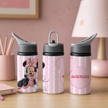 bidon de aluminiu personalizat cu nume — Șoricică cu fundă roz