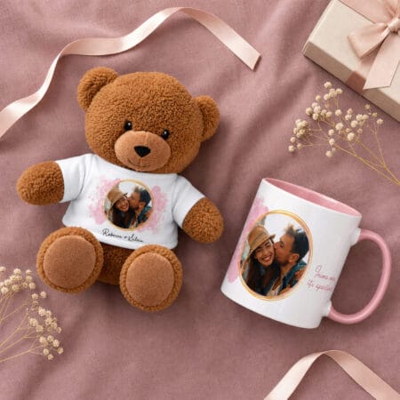 set cadou personalizat cu poză pentru cuplu — cană și ursuleț