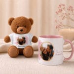set cadou personalizat cu poză pentru cuplu — cană și ursuleț