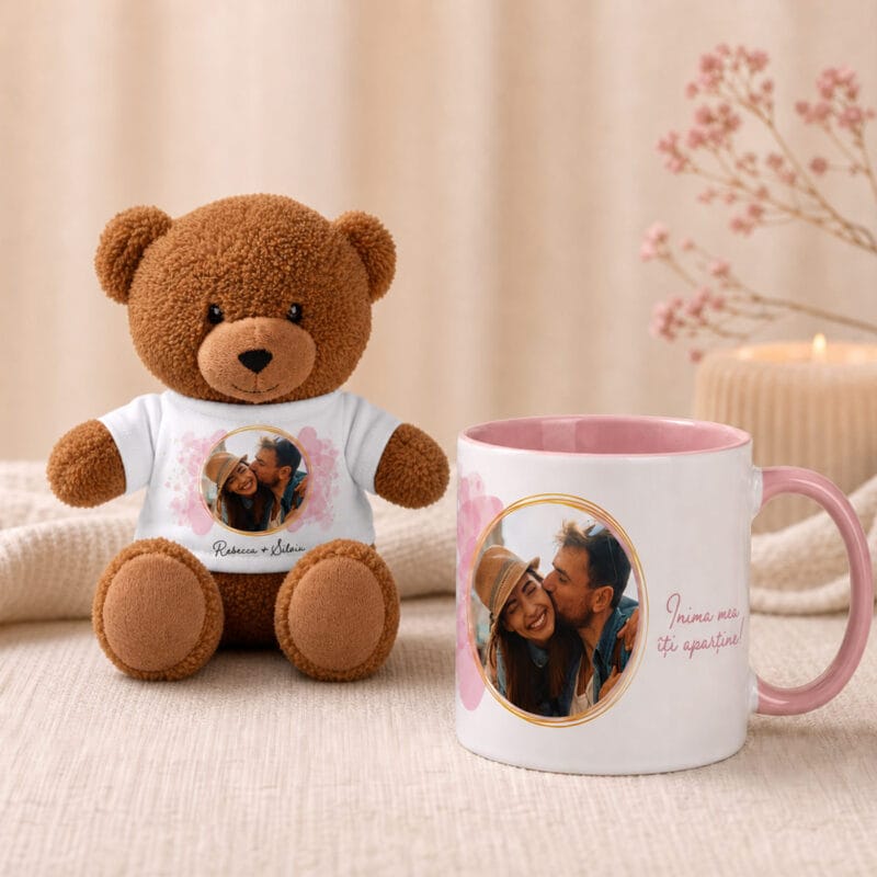 set cadou personalizat cu poză pentru cuplu — cană și ursuleț