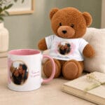 set cadou personalizat cu poză pentru cuplu — cană și ursuleț