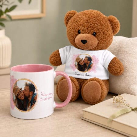 set cadou personalizat cu poză pentru cuplu — cană și ursuleț