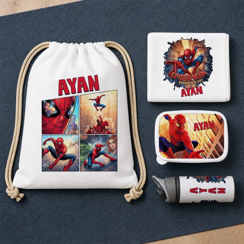 set rucsac caserolă bidon personalizat cu nume — spider man