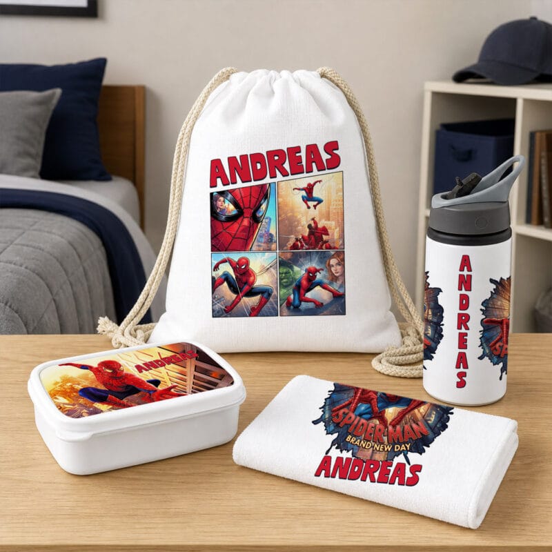 set rucsac caserolă bidon personalizat cu nume — spider man