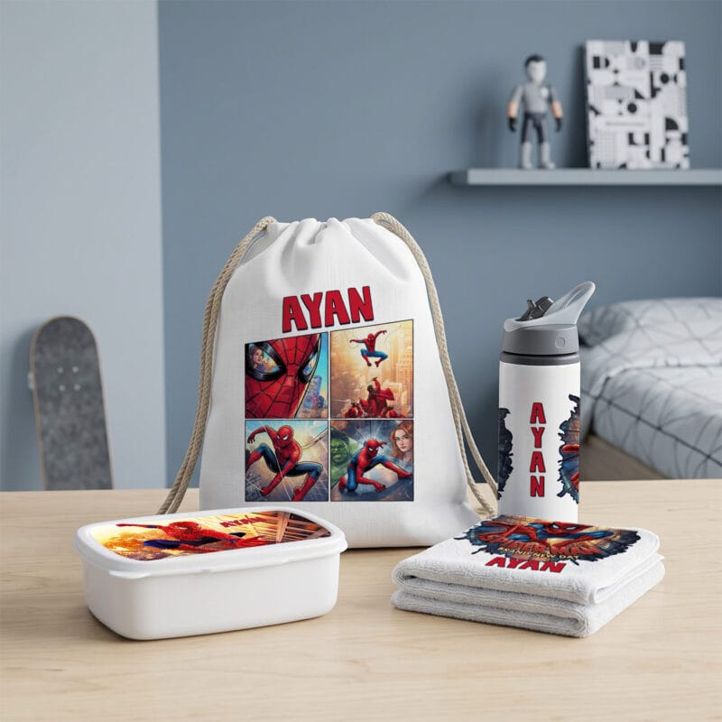 set rucsac caserolă bidon personalizat cu nume — spider man