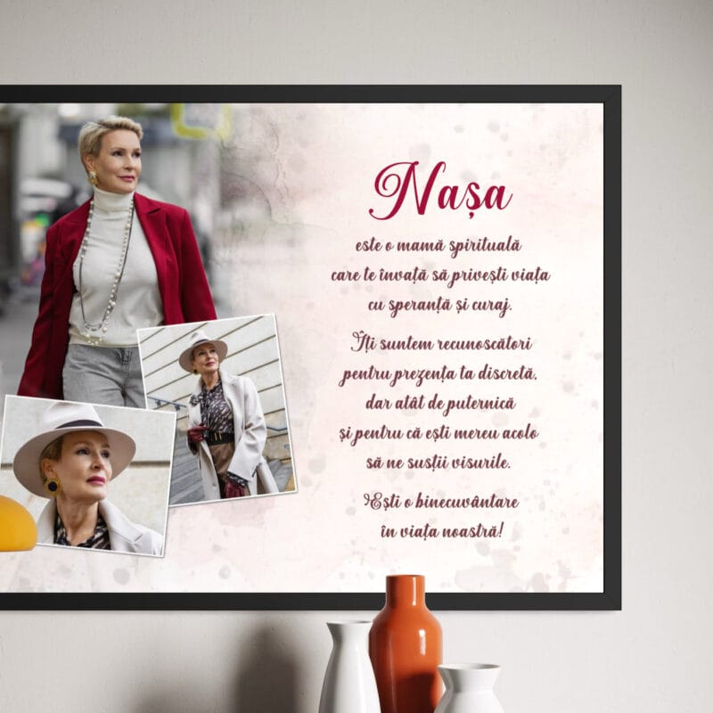 tablou personalizat cu ramă, 3 poze și mesaj — cadou pentru nașă