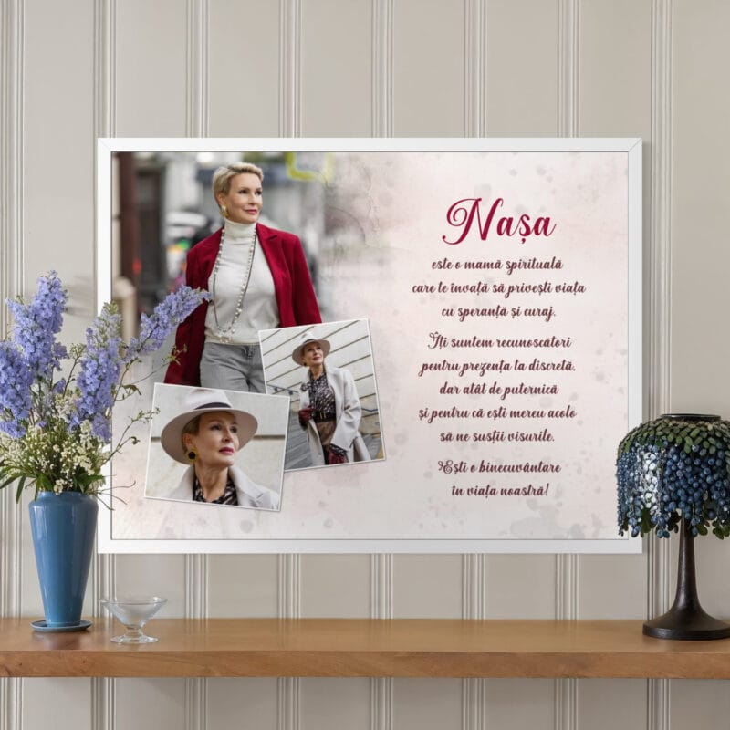 tablou personalizat cu ramă, 3 poze și mesaj — cadou pentru nașă tablou personalizat cu ramă, 3 poze și mesaj — cadou pentru nașă