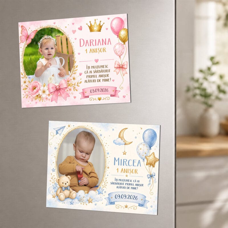 set 2 magneți personalizați cu poză și nume — aniversare 1 an