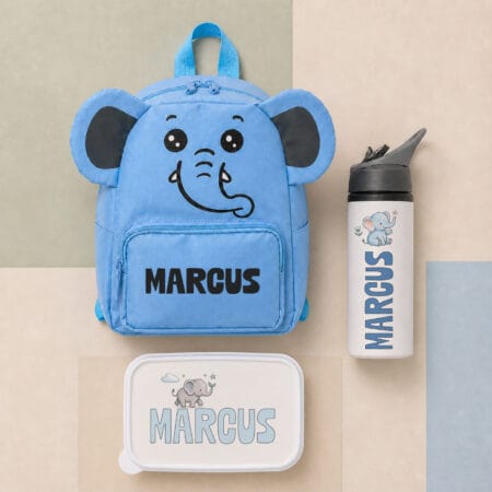 set 3 piese ghiozdănel caserolă bidon personalizat cu nume — elefant