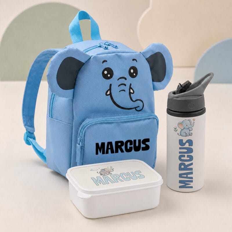 set 3 piese ghiozdănel caserolă bidon personalizat cu nume — elefant