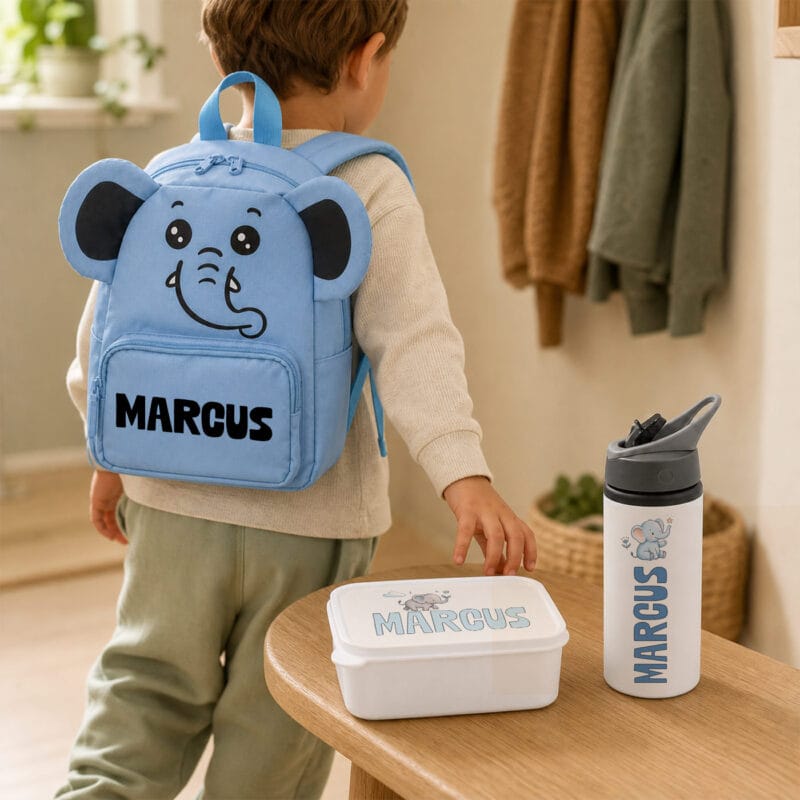 set 3 piese ghiozdănel caserolă bidon personalizat cu nume — elefant