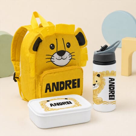 set 3 piese ghiozdănel caserolă bidon personalizat cu nume — leu