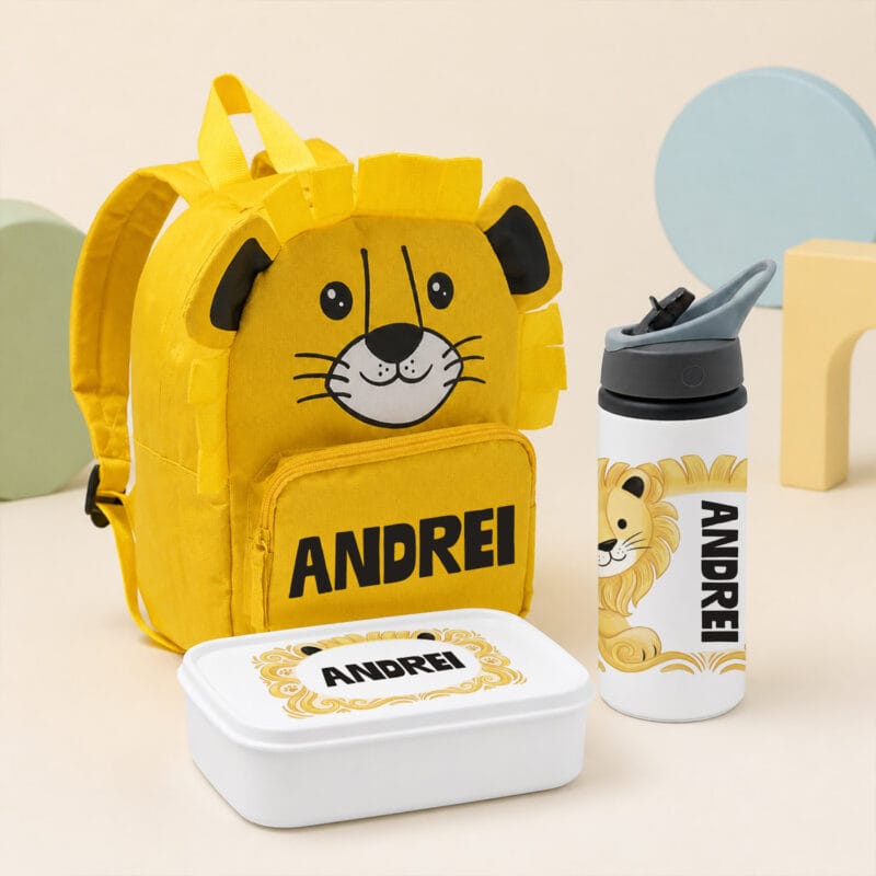 set 3 piese ghiozdănel caserolă bidon personalizat cu nume — leu
