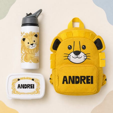 set 3 piese ghiozdănel caserolă bidon personalizat cu nume — leu