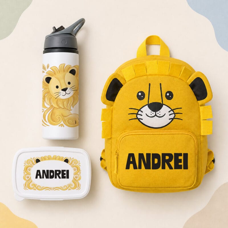 set 3 piese ghiozdănel caserolă bidon personalizat cu nume — leu